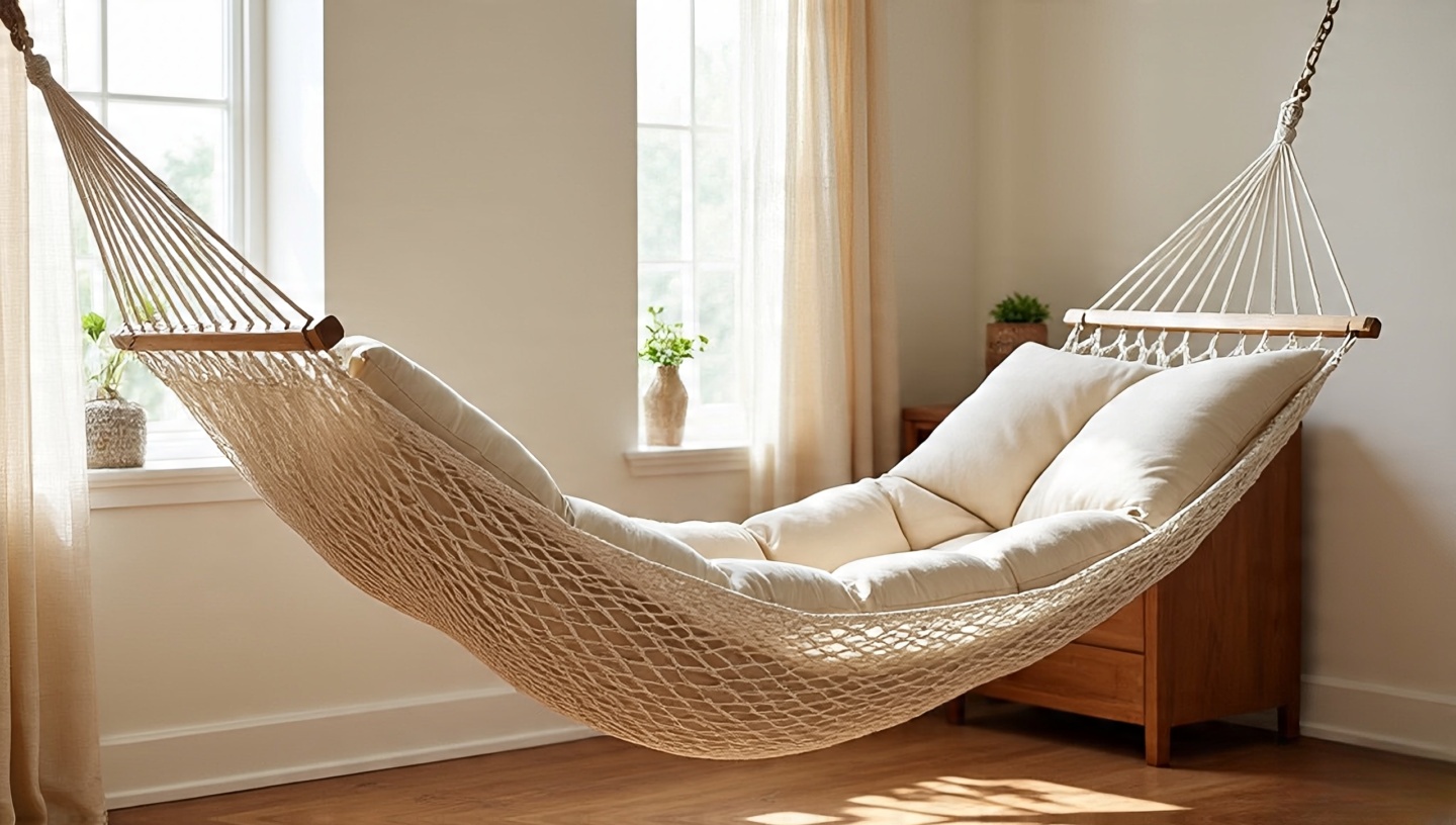 Cream fabric indoor hammock mounted near a sunlit window with a small side table for practicality