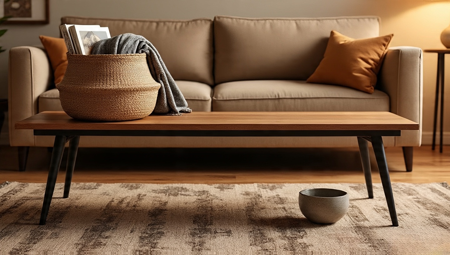Low bench behind sofa at 16–18 inches high, 70–85 percent of sofa width, styled with basket, books, and bowl