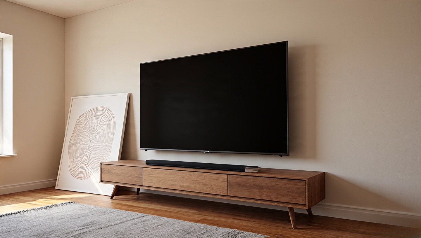Minimalist wood media bench with cable management and art leaning to soften the TV presence