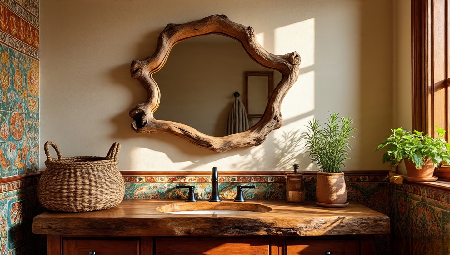 Irregular driftwood-framed mirror above rustic vanity