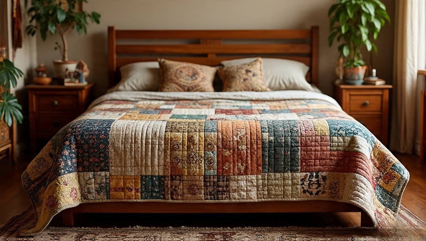 Vintage patchwork quilt spread across a Bohemian bed, adding memory and warmth