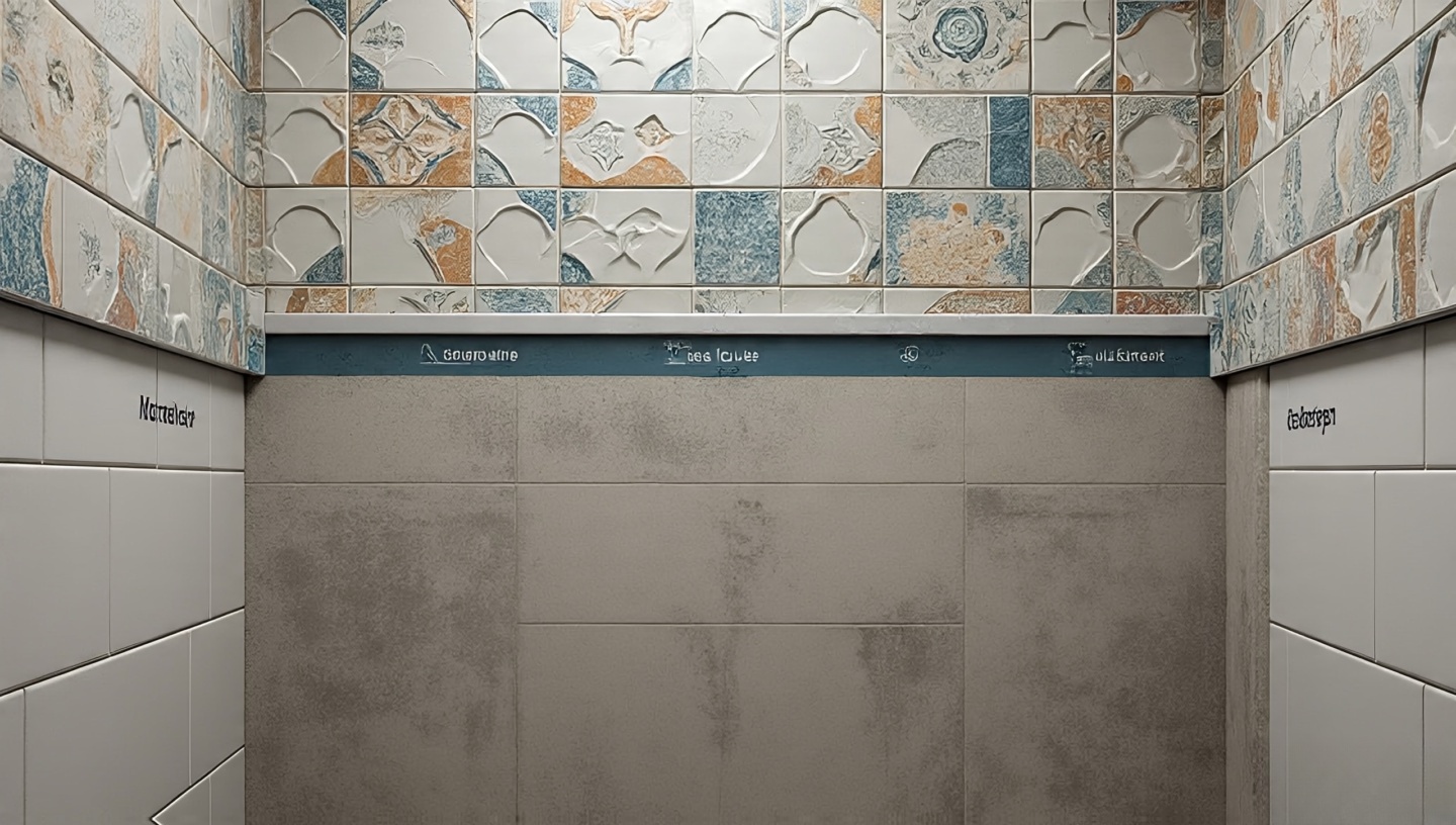 Cross-section diagram of waterproofing layers beneath bathroom tiles