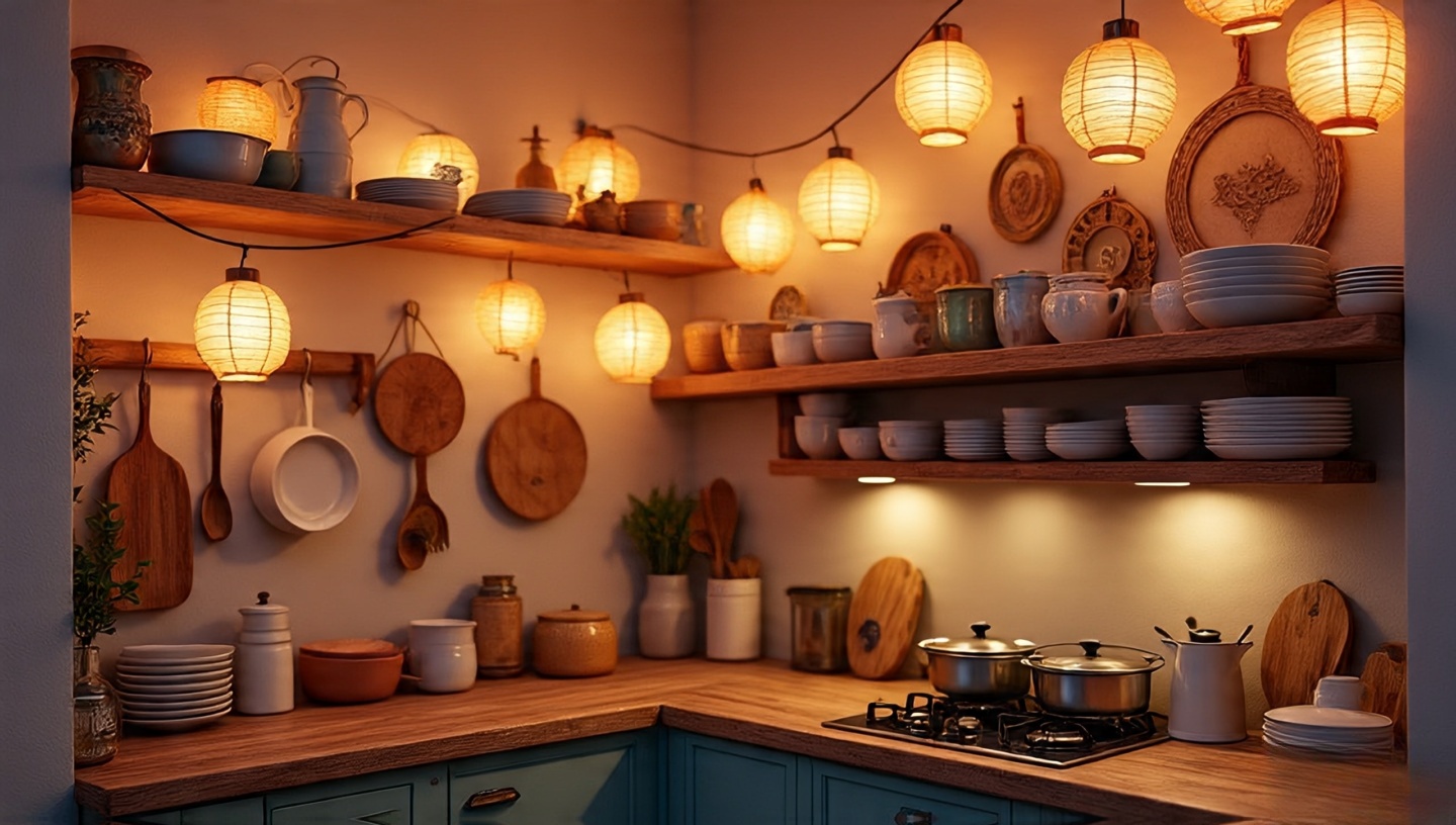 Playful boho kitchen with whimsical string lights and lanterns