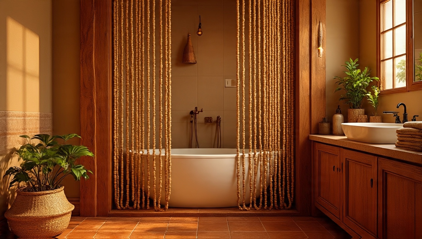 Wooden beaded curtain dividing tub and vanity area