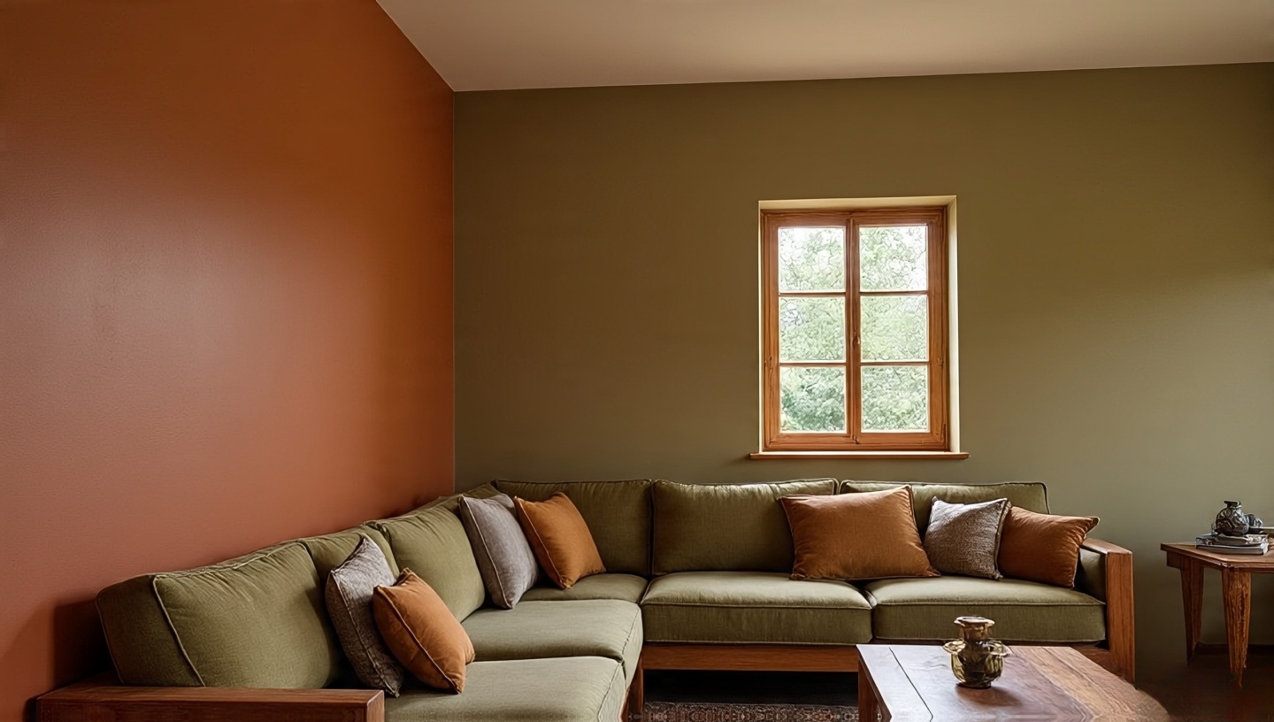Earth-toned living room with olive lower walls, a clay-red accent, light neutral ceiling, and wooden furniture