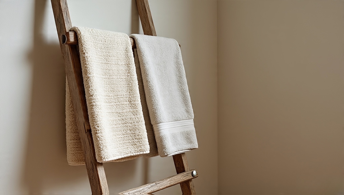 Leaning wooden ladder rack holding nubbly cotton throws, smooth linen towels, and magazines