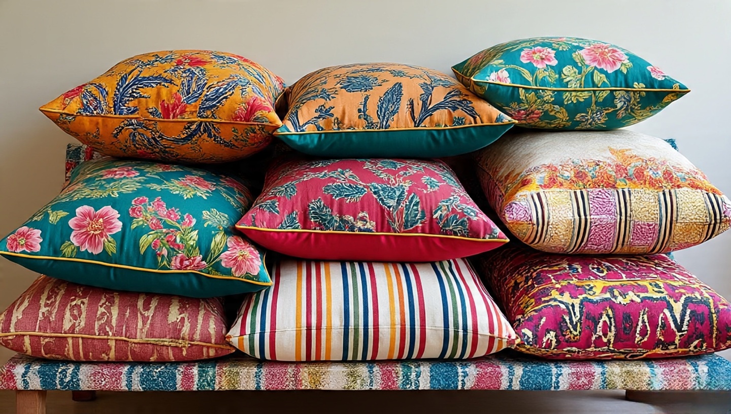Bench piled with bold striped, floral and ikat cushions layered confidently for vibrant texture