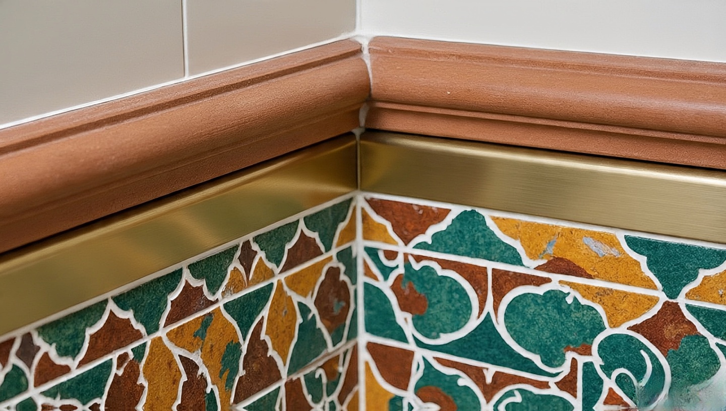 Close-up of bathroom tile edge with brass transition detail