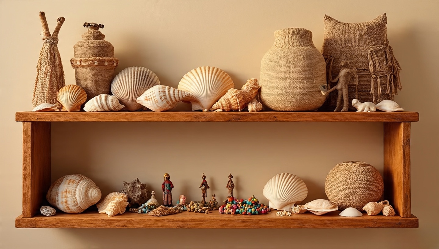 Shelf with travel souvenirs: seashells, woven textiles, small artisan objects as Bohemian decor
