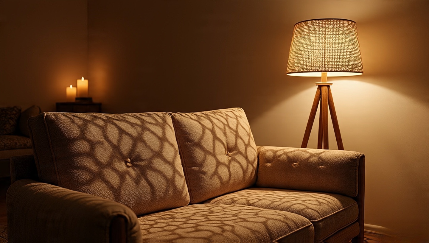Rattan floor lamp highlighting sofa textures with patterned shadows and soft candlelight
