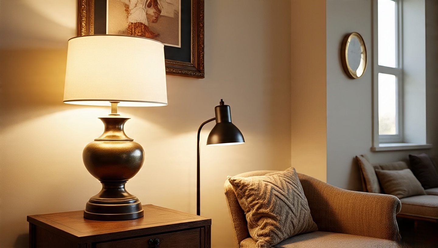 Warm metal accents—brushed brass and aged bronze—with a single blackened-steel lamp for crisp contrast