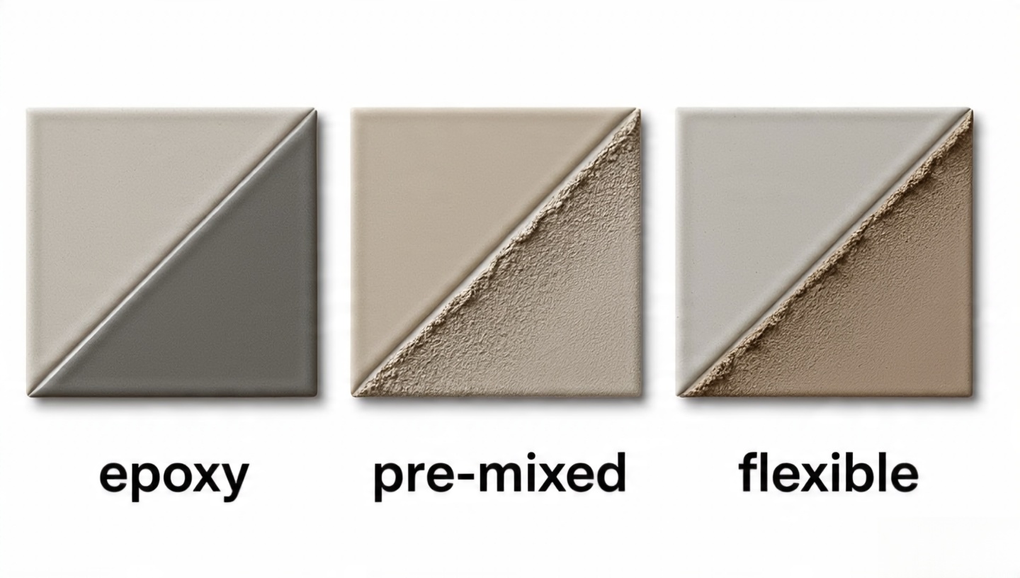 Samples showing epoxy, pre-mixed, and flexible grout in tiles