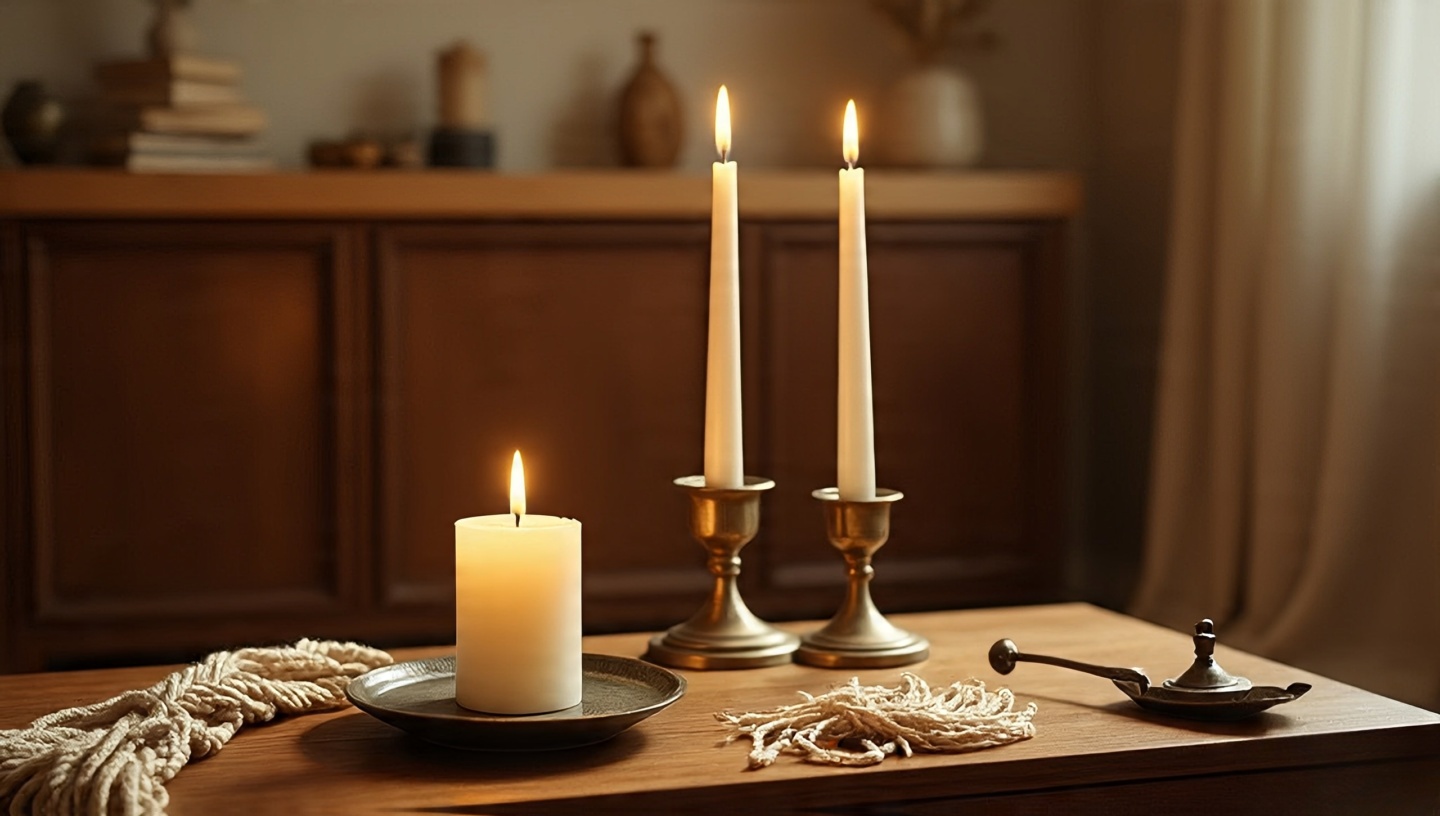 Three-height candle constellation on heat-proof dishes casting warm shadows on macramé and brass