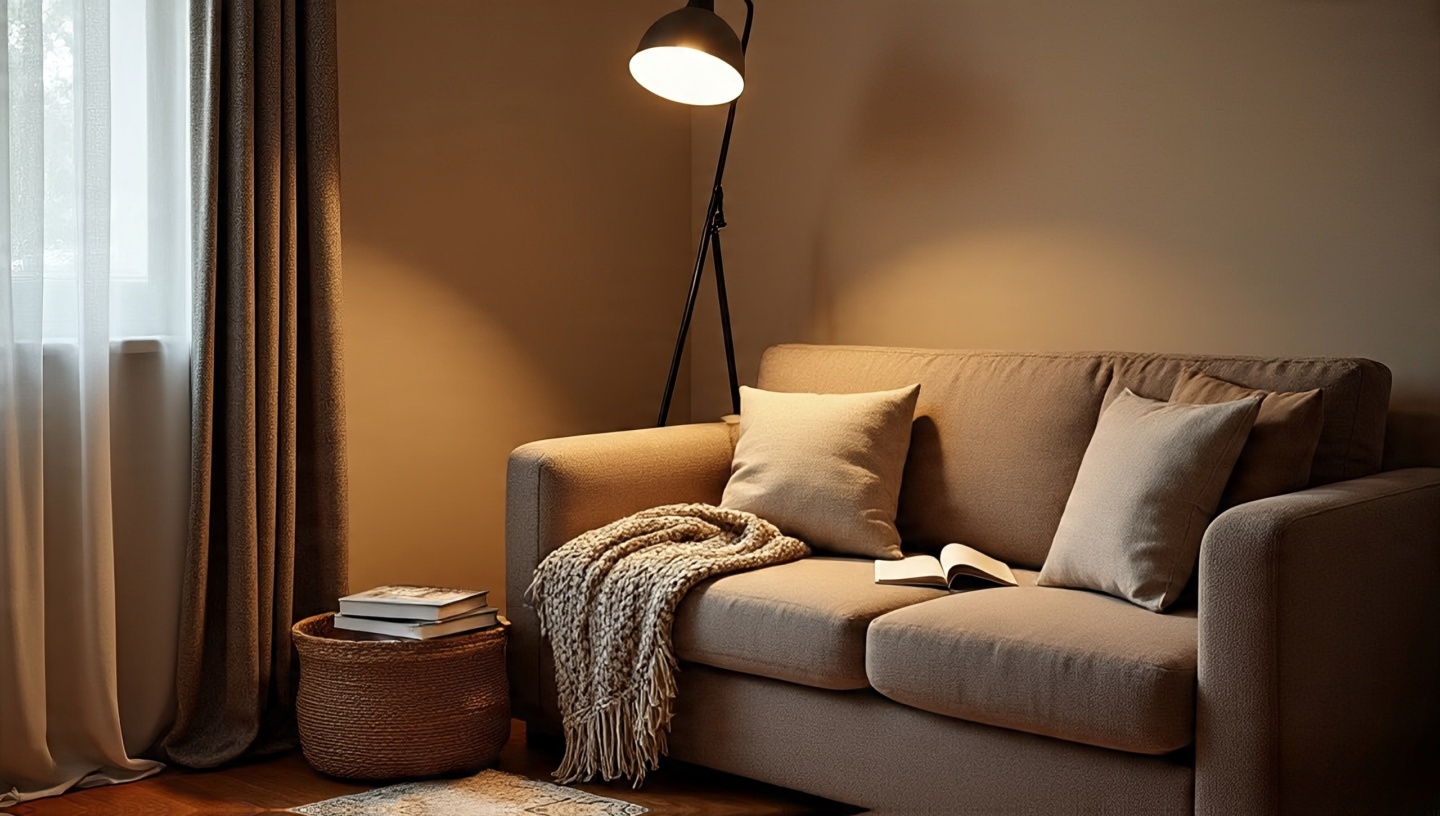 Reading nook sofa corner with angled floor lamp, wool throw and a basket of books