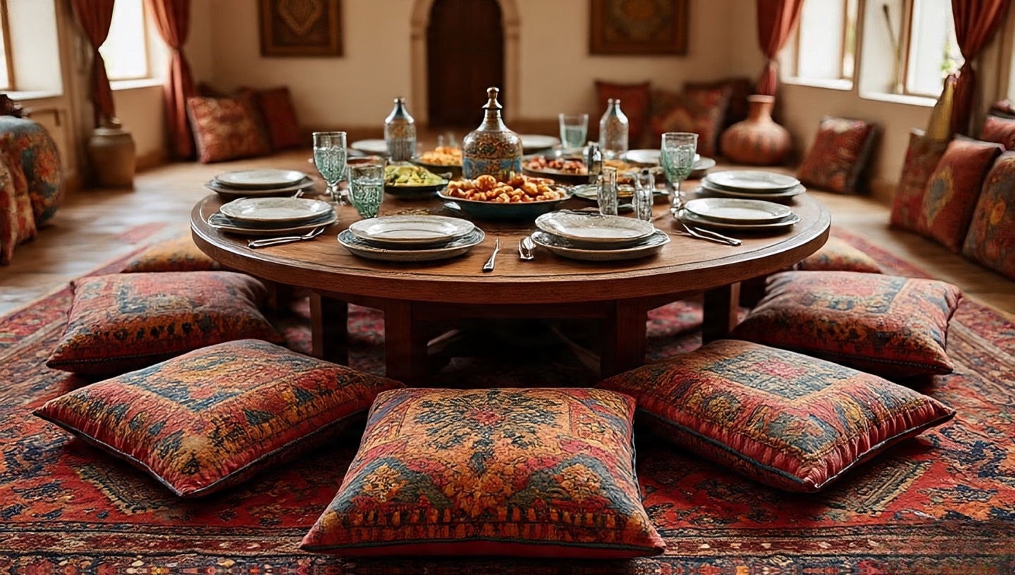 Moroccan-inspired low dining table with floor cushions