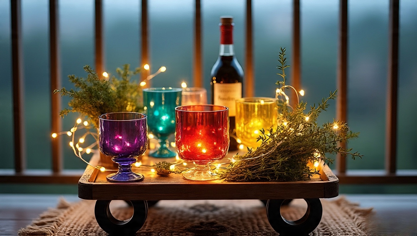 Rustic bar cart on balcony with string lights, colorful glasses, fresh herbs and bottles over woven rug
