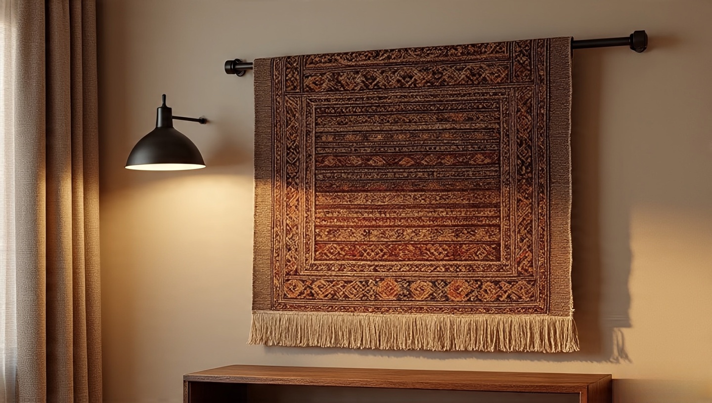 Wall-hung textile mounted via sleeve on a slim rod with side-grazed sconce revealing weave texture