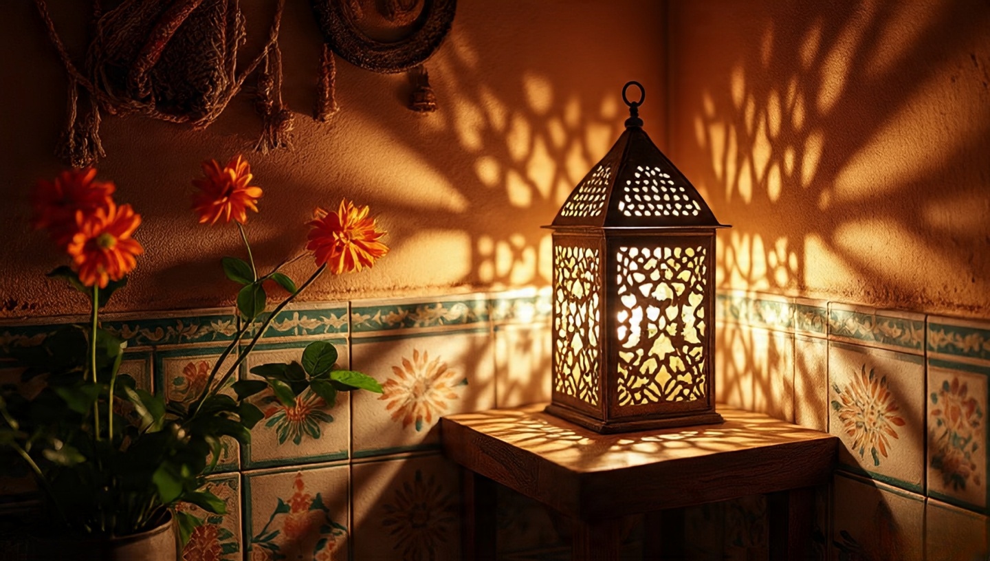 Moroccan metal lantern casting star-like shadows in bathroom