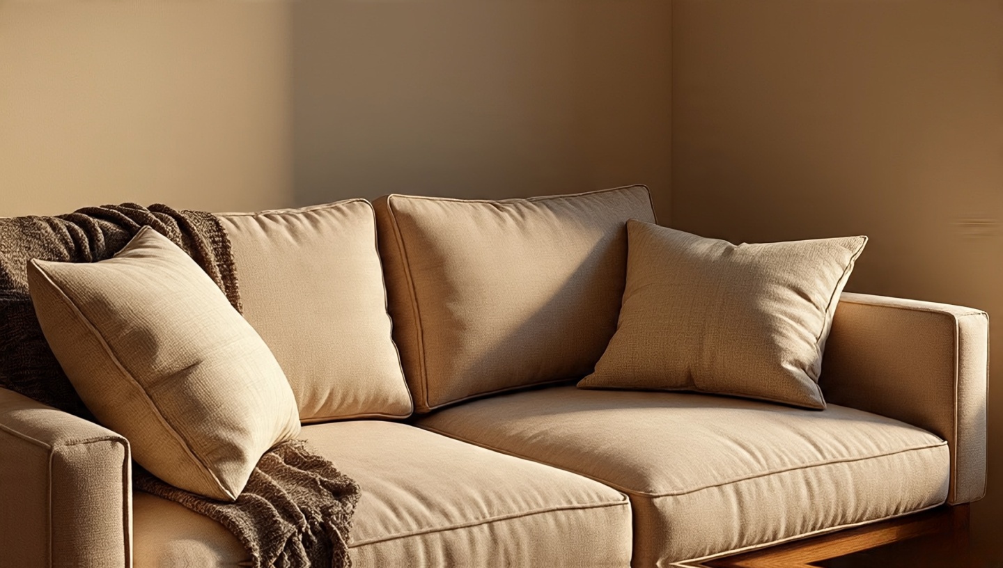 Asymmetrical Boho sofa styling with two cushions on one side, one oversized cushion on the other and a diagonal throw