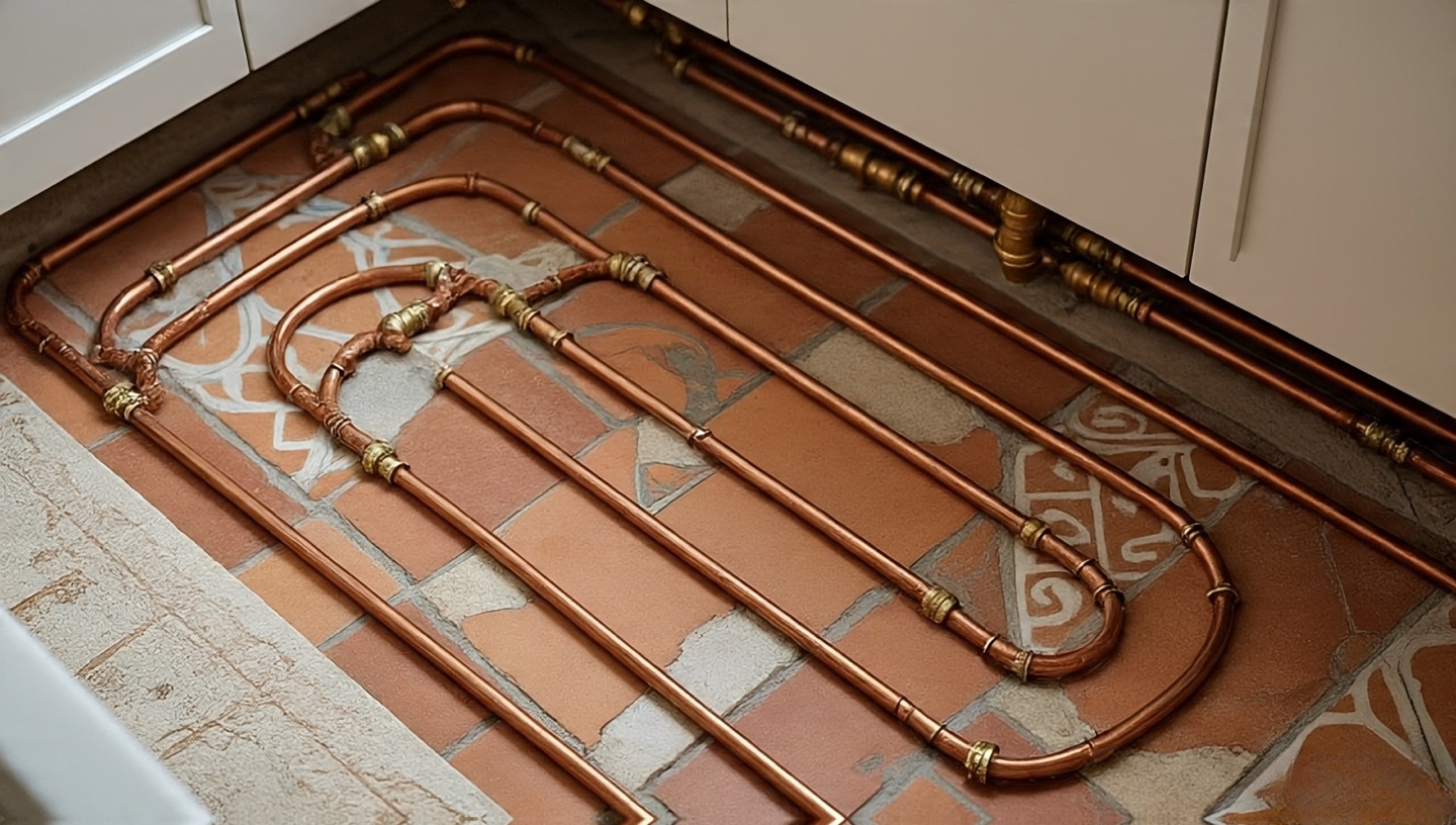 Cutaway showing radiant heating beneath ceramic and terracotta tiles