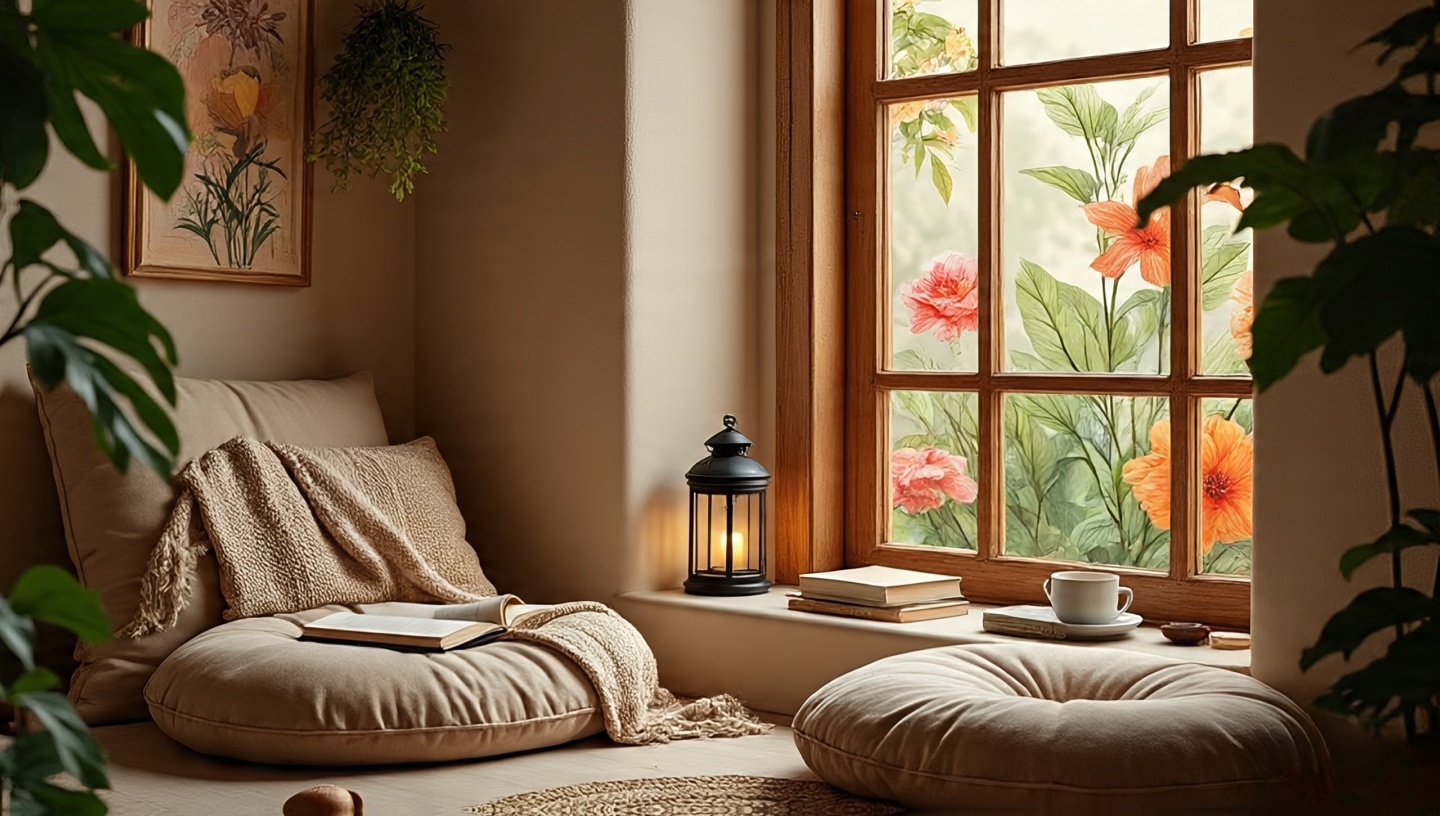 Inviting reading nook with floor cushions, lantern lighting, and a soft throw in a Bohemian corner