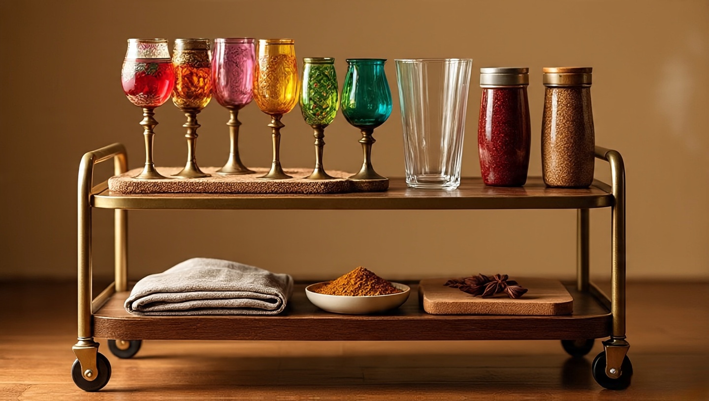 Brass rolling bar cart styled with global glassware, cork liners, and a small cutting board