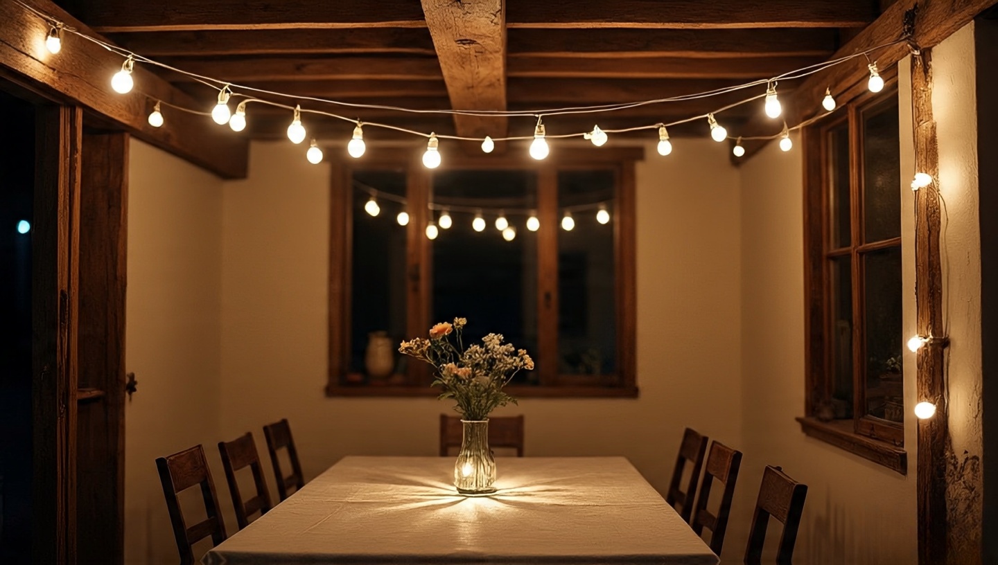 Dining room with casually draped string lights for warm ambience