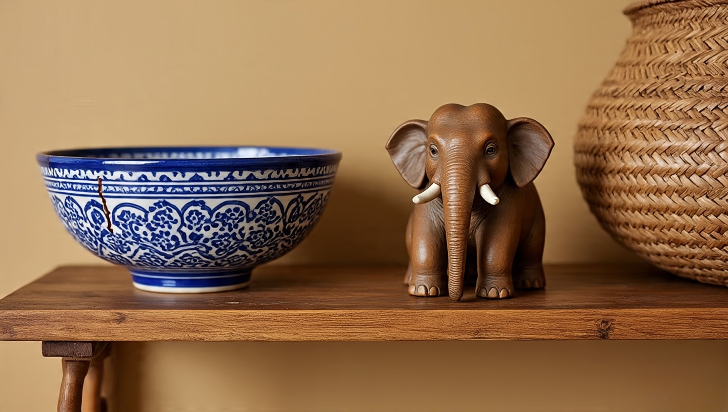 Wooden shelf vignette with a ceramic bowl, carved figurine, and woven basket grouped for stronger storytelling