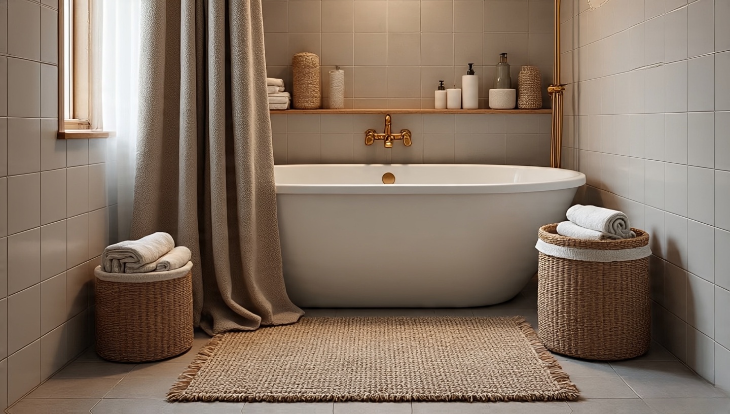 Boho bathroom with textiles added to soften tile acoustics