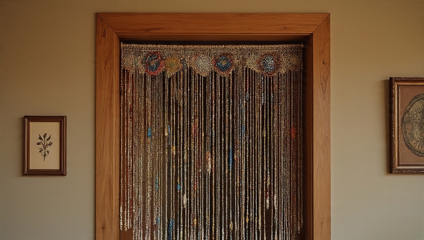 Doorway with shimmering beaded curtains swaying gently against a muted wall backdrop
