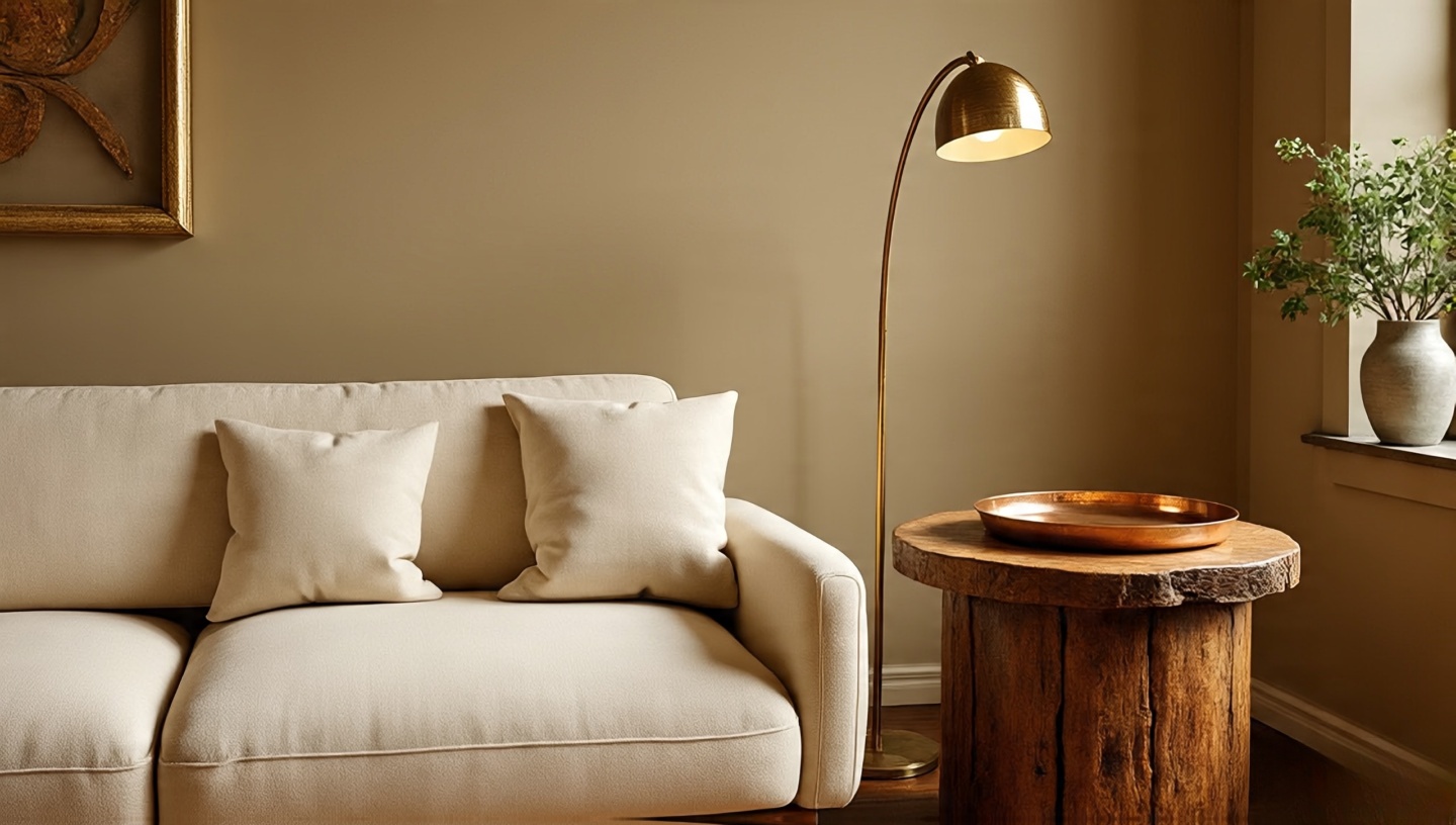 Boho sofa area mixing metals and wood: brass floor lamp, reclaimed wooden side table and a copper tray