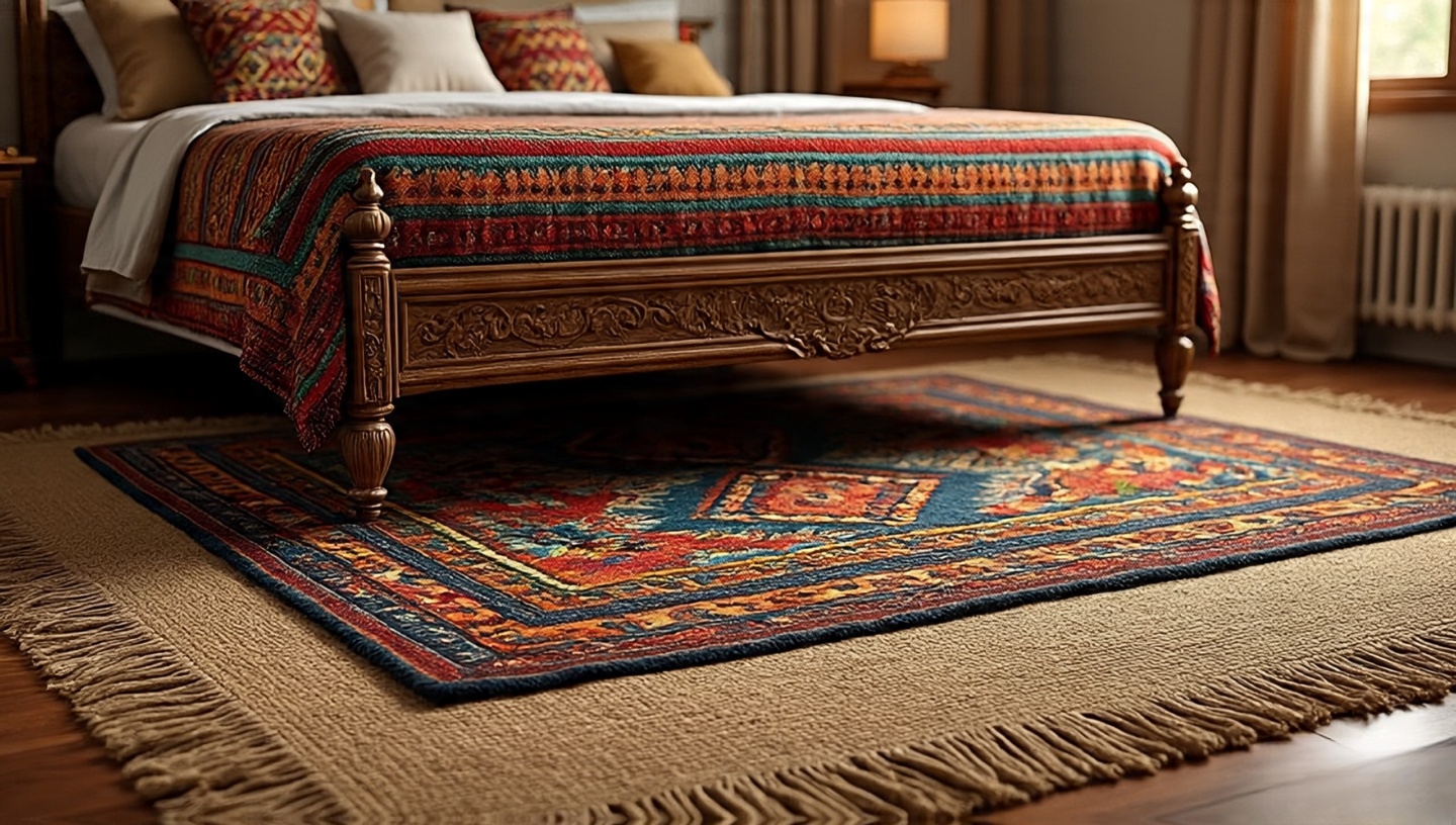 Large jute base rug layered with a colorful kilim beneath a Bohemian bed