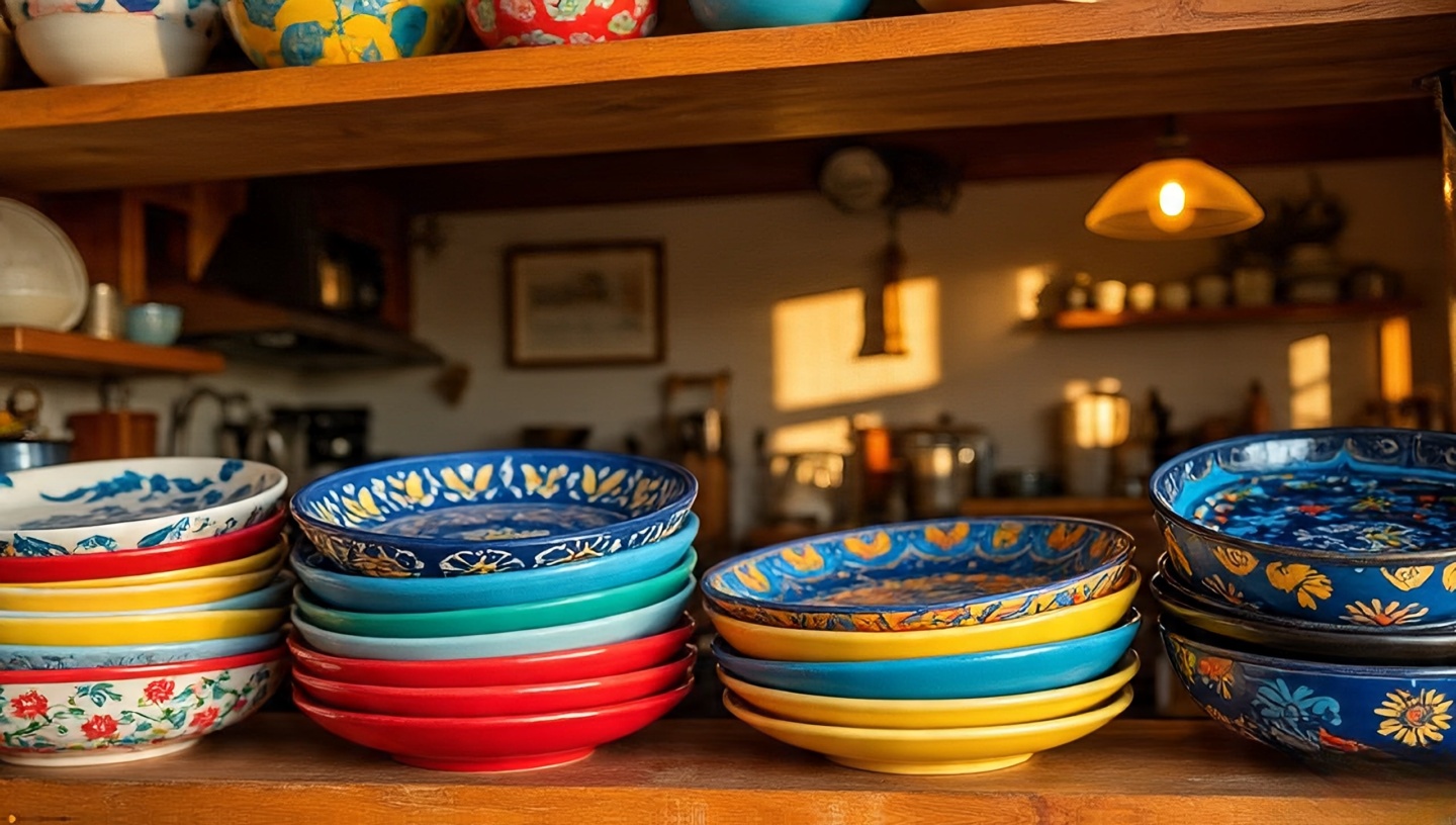 Open shelving filled with stacks of painted mismatched plates