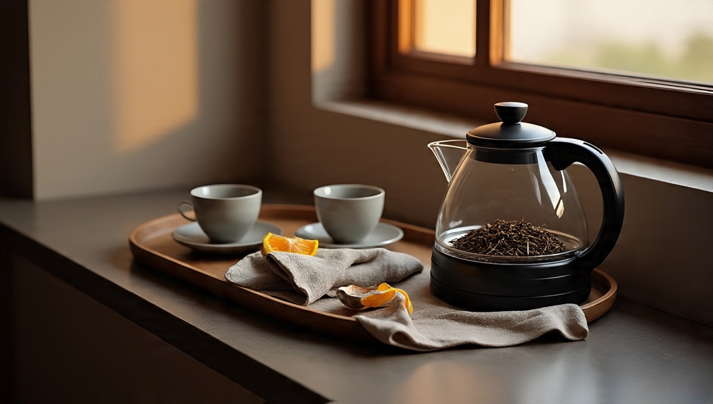 Compact sip station on a console with kettle, cups, loose-leaf tin, linen napkins and a small citrus bowl