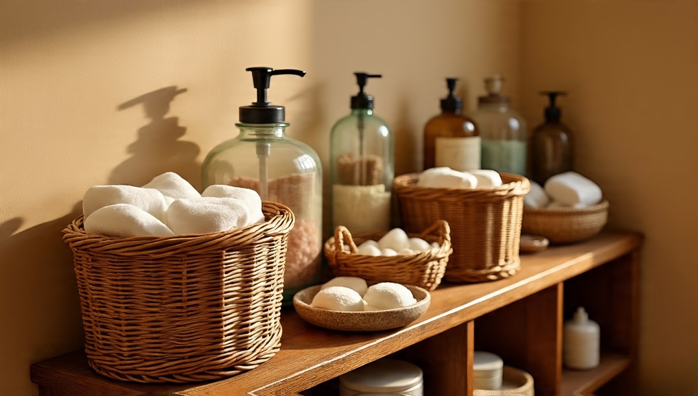 Mismatched vintage apothecary jars with bath salts and cotton pads