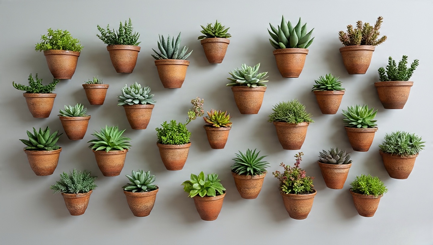 Gallery-style wall of mounted ceramic pots with succulents arranged as living art