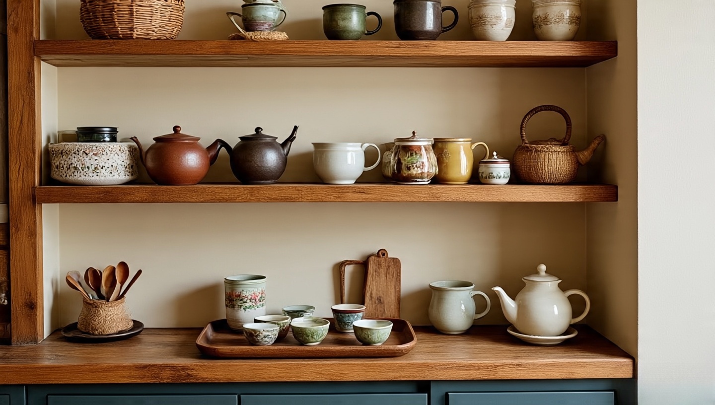 Cozy kitchen tea corner with handmade teapots and travel mugs