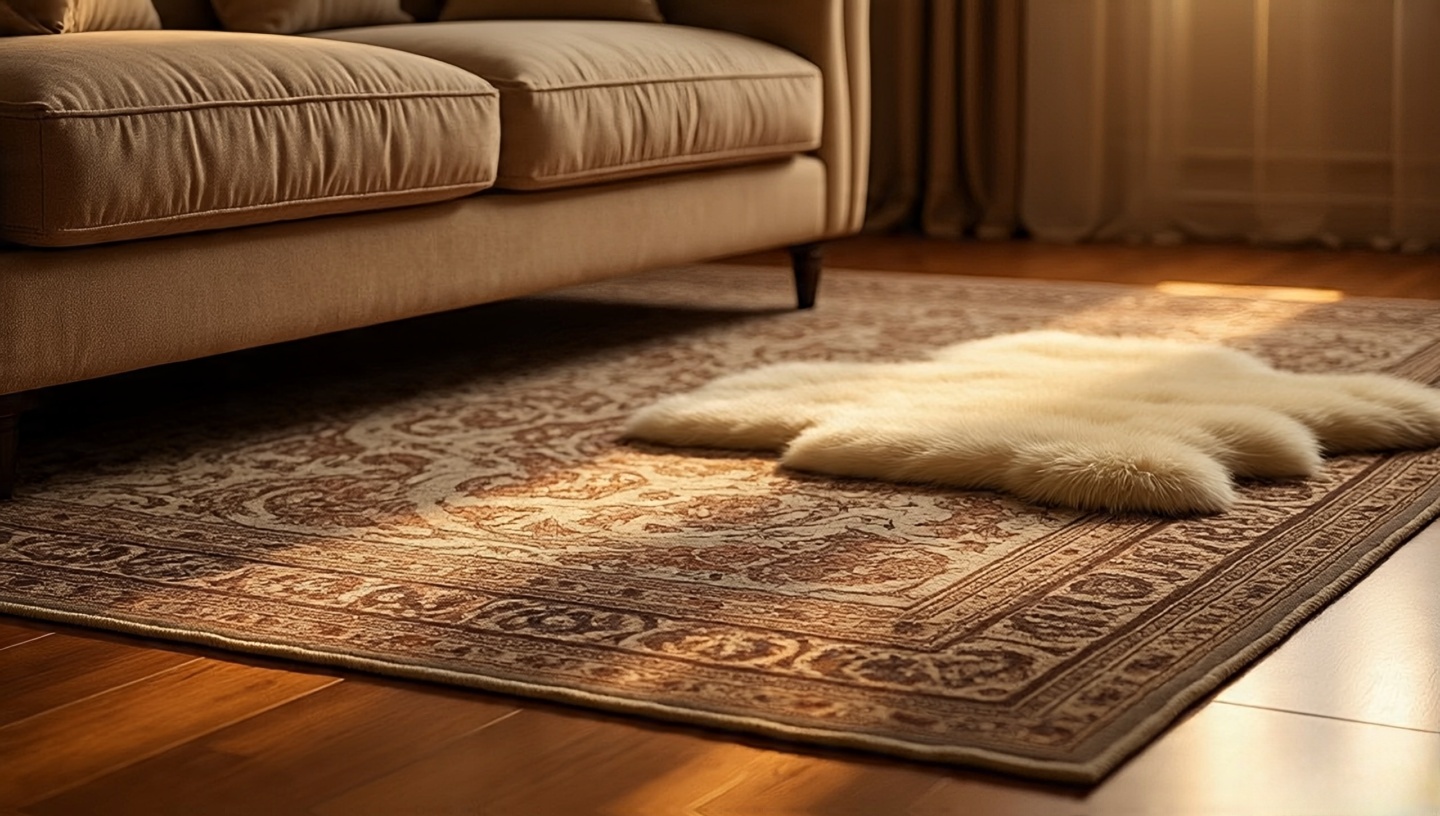 Softness underfoot with a large rug beneath the sofa and a faux sheepskin peeking from the edge