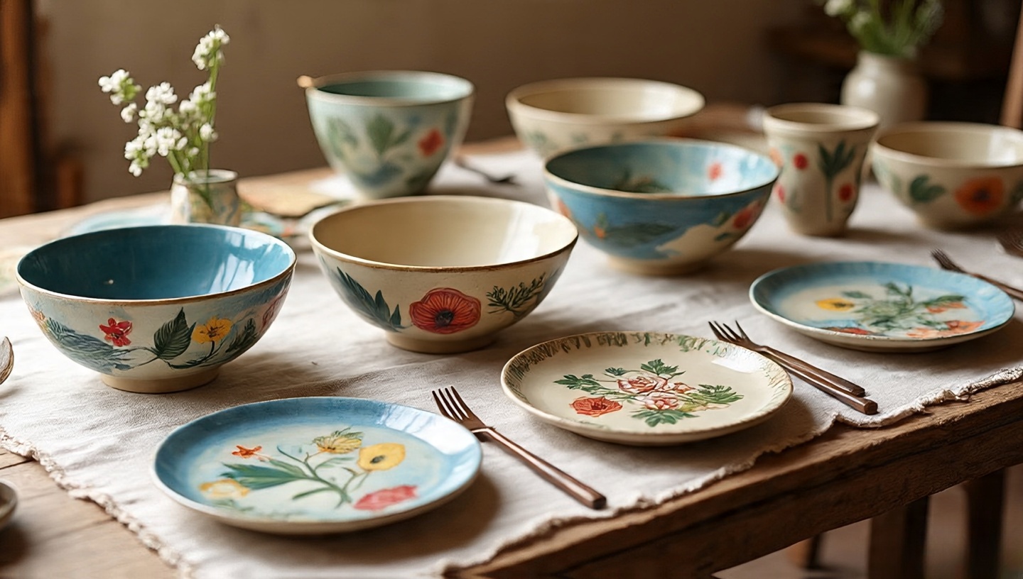 Dining table set with hand-painted bowls and plates mixed with simple dinnerware for everyday rituals