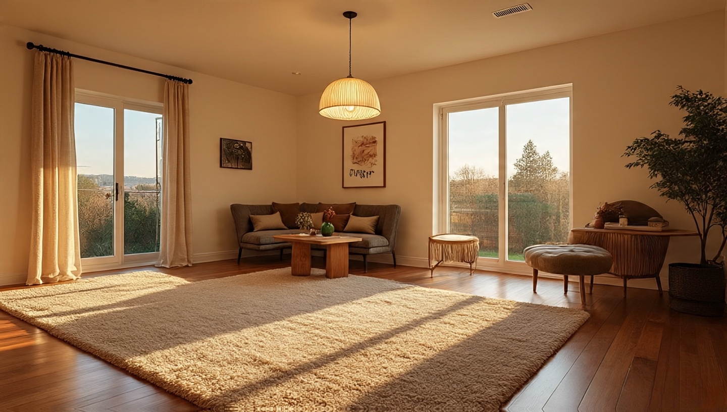 Open-plan zoning with two rugs separated by a floor river, pendant above dining, and bench as low divider