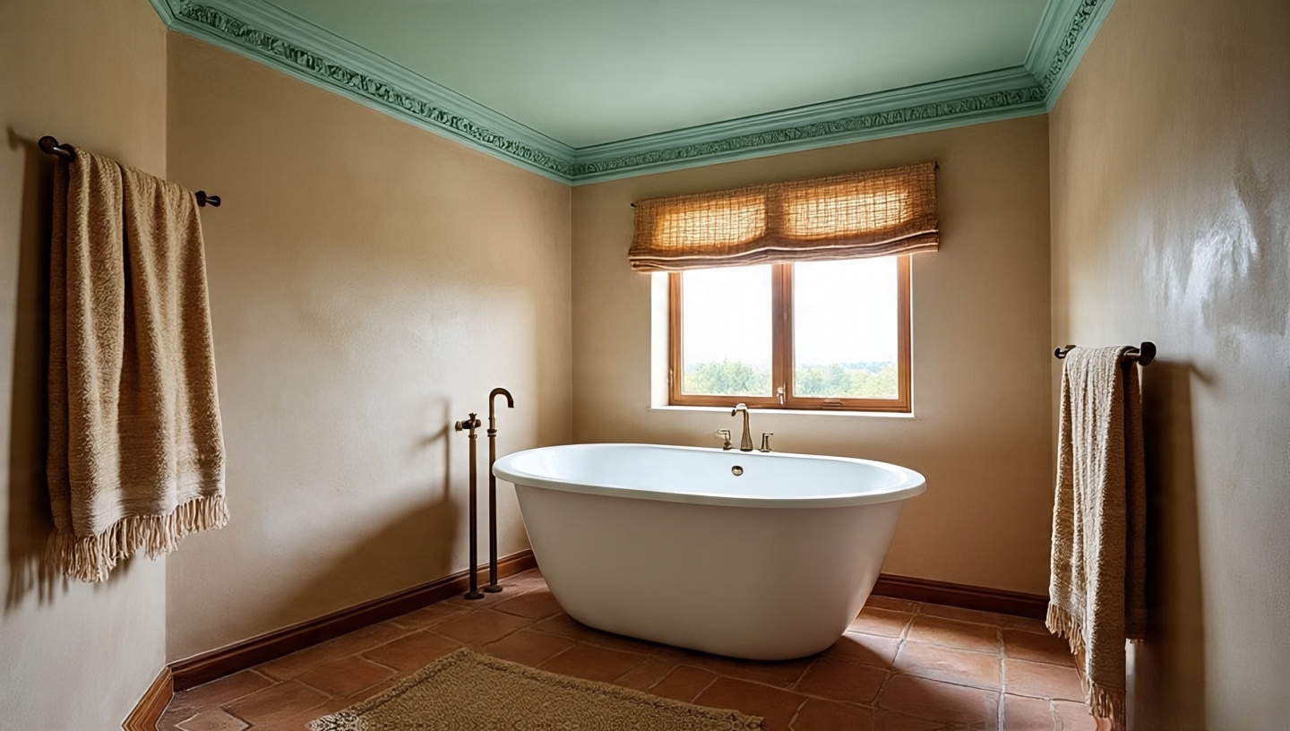 Bathroom with pale teal painted ceiling above freestanding tub