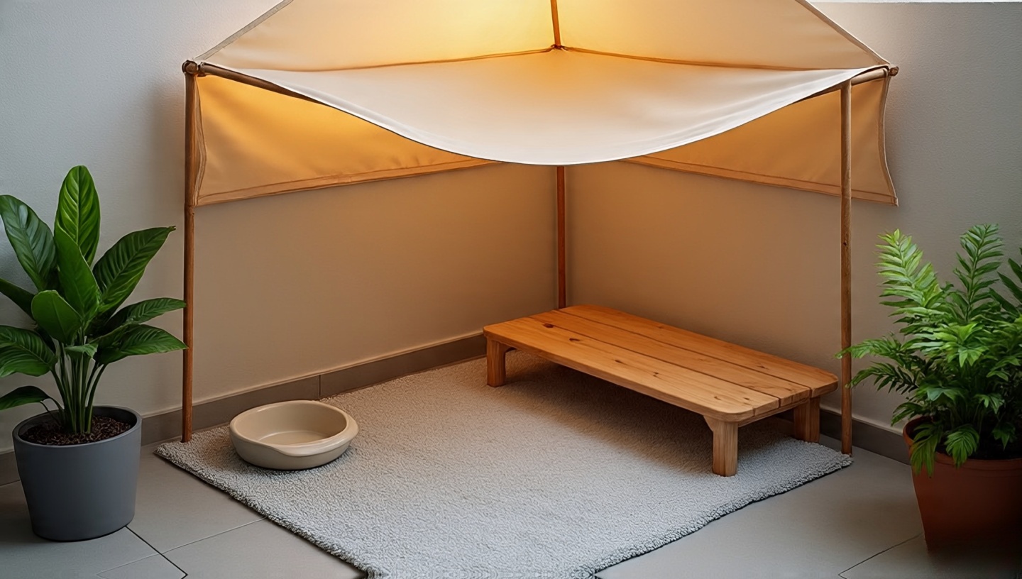 Pet-friendly balcony nook with washable rug, shaded canopy, water bowl and a low perch