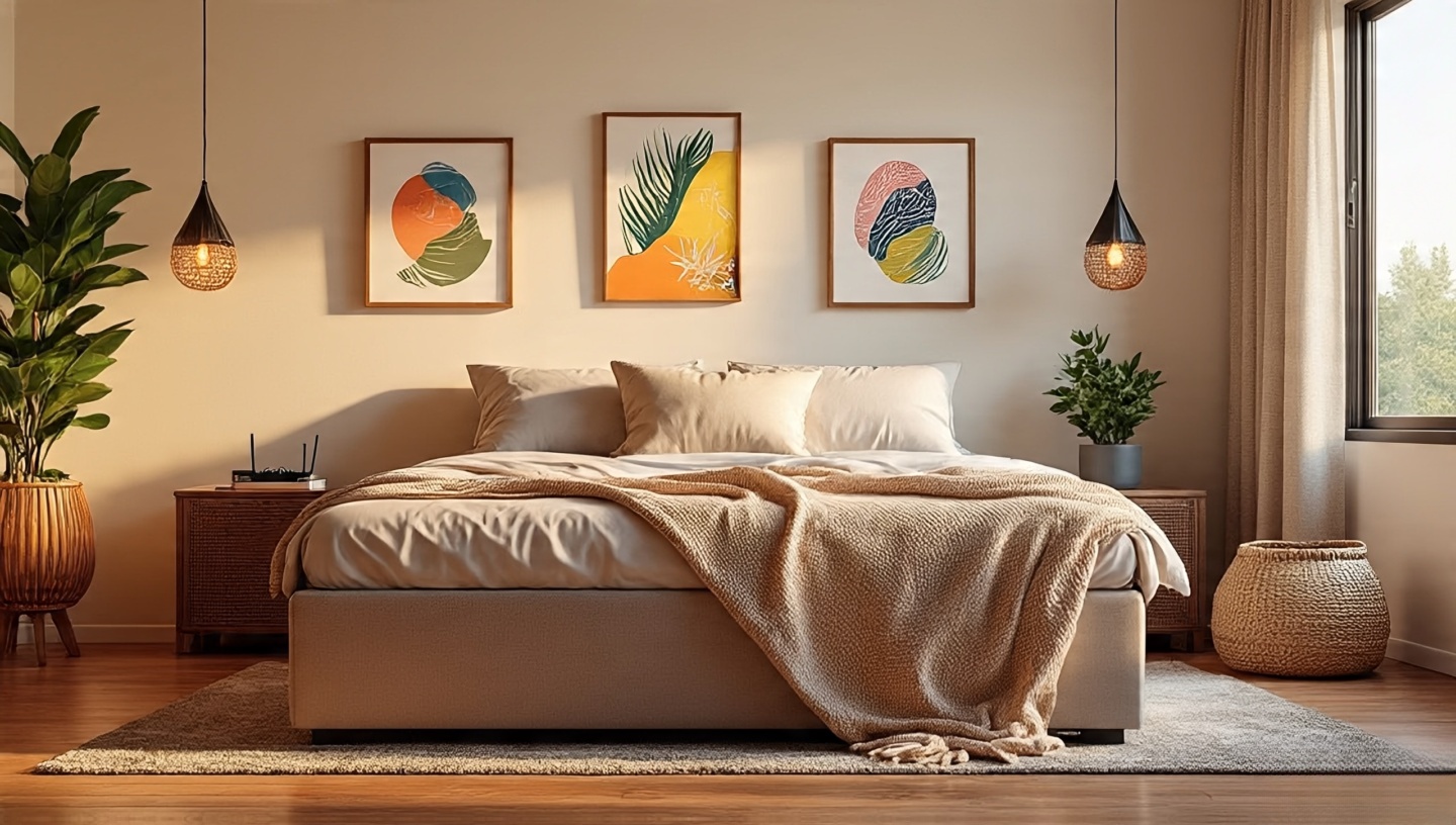 Calm Bohemian bedroom with electronics hidden—router concealed in a woven basket