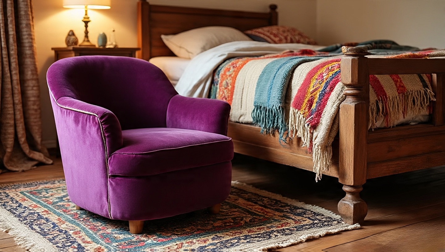 Single mismatched velvet chair beside a rustic Bohemian bed and woven rugs