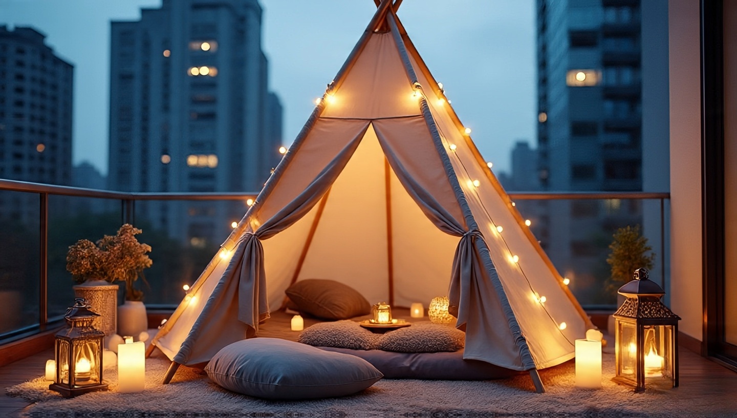 Canvas teepee on balcony draped with fairy lights, cushions and lanterns creating cozy glamping feeling