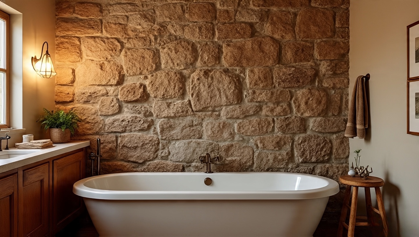 Exposed stone wall behind bathtub adding rugged texture