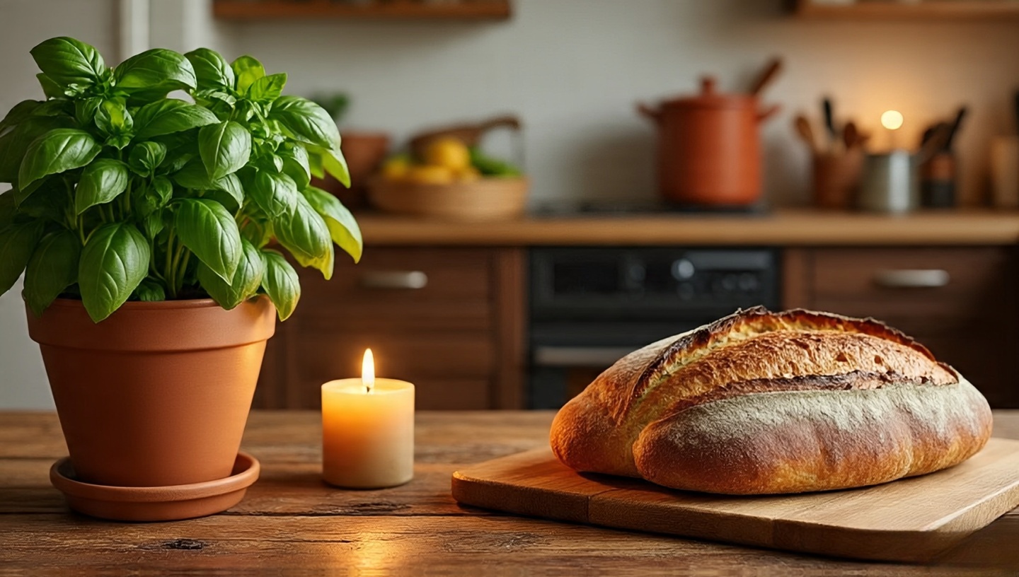 Boho kitchen vignette featuring herbs, bread, and scented candle