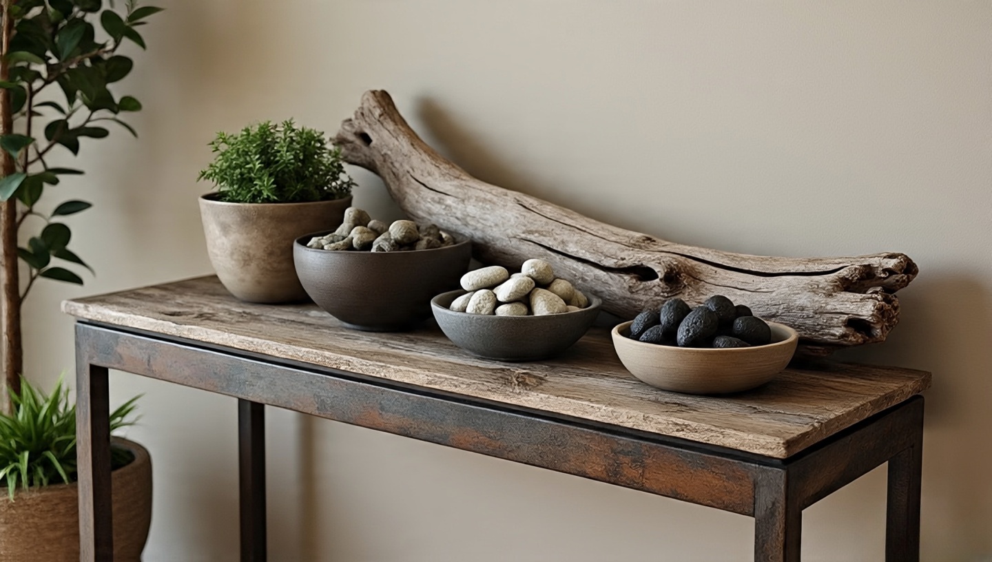 Console grouping of driftwood, bowls of stones, and lava rocks kept together for a grounded natural vignette
