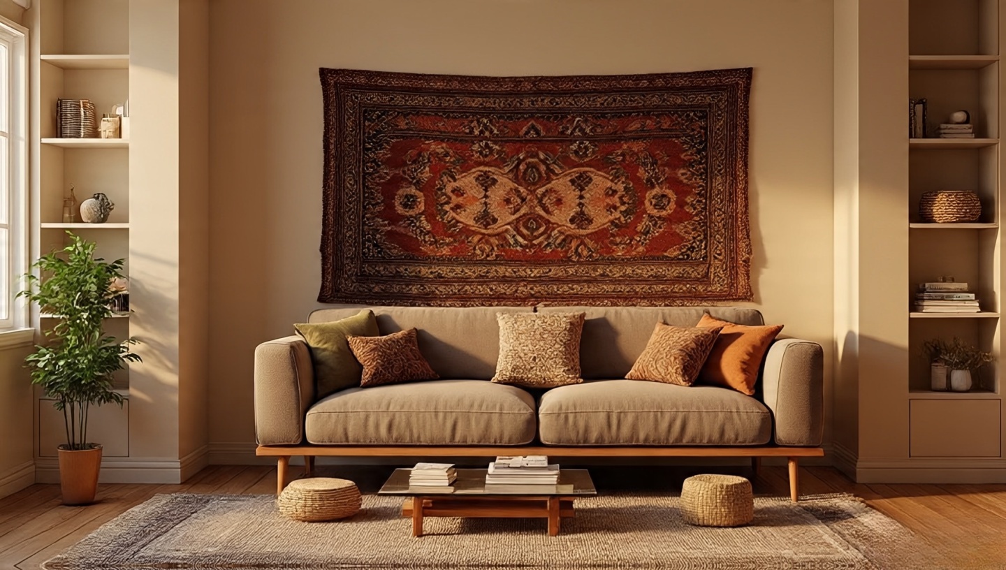 Small bohemian living room with leggy sofa, glass table, one bold hero textile and tall narrow shelving