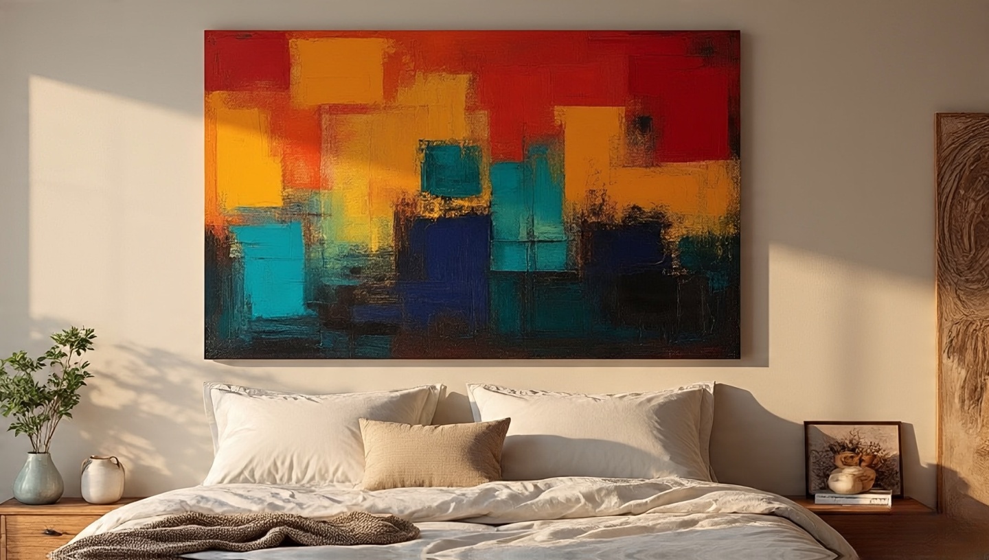 Large bold abstract artwork centered above a neutral Bohemian bed